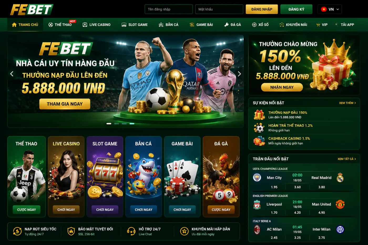 Giao diện nhà cái Febet với các chuyên mục cá cược và casino trực tuyến.